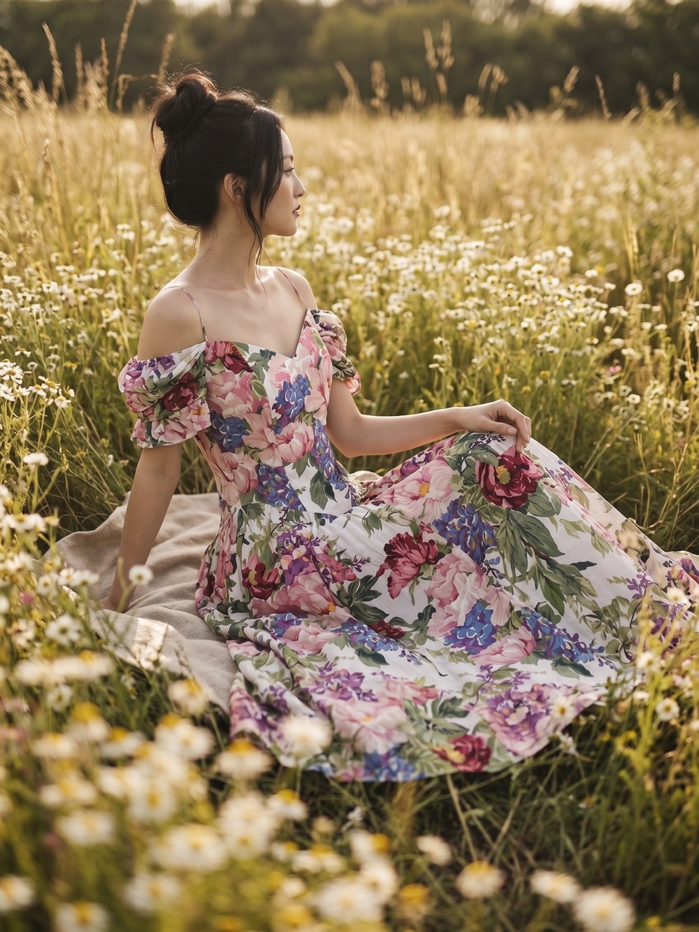 Vintage Moda International Off-Shoulder Floral Midi Dress